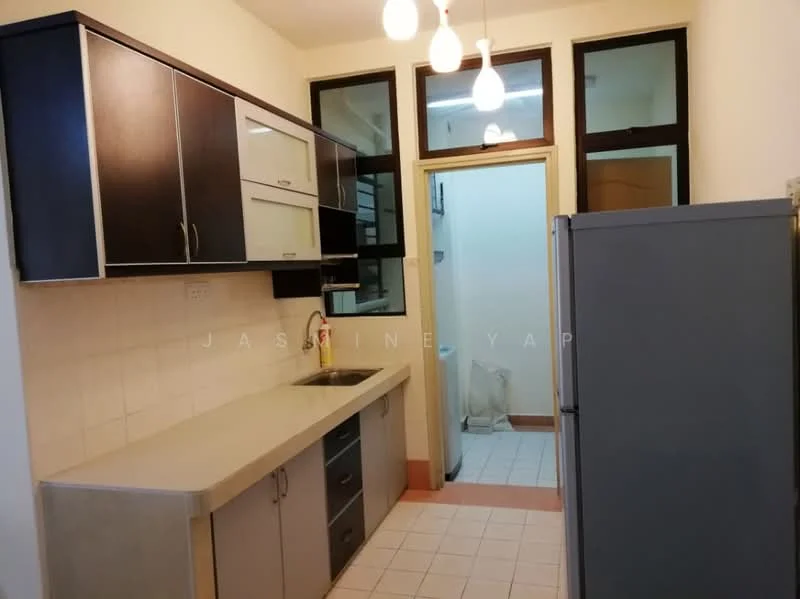 Kitchen features: grey laminate cabinetry, white countertop, single-bowl stainless-steel sink, chrome pull-down faucet, built-in oven, freestanding fridge, ceramic tile flooring, white tiled backsplash, 3-blade ceiling fan with light, window with black frames, doorway leading to utility area; style: modern.