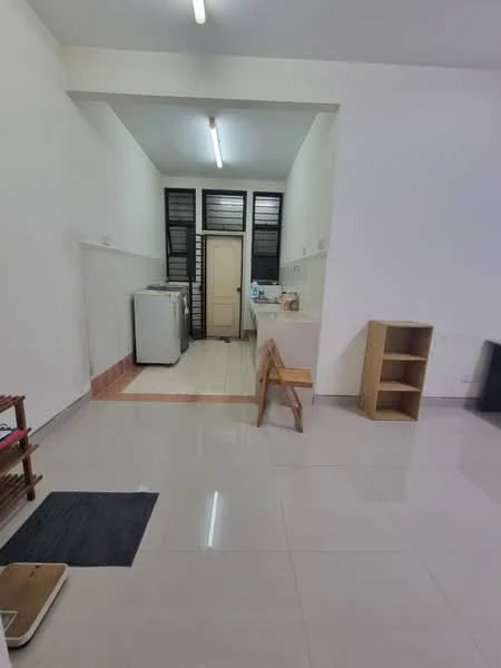 Laundry features: white walls, glossy tile flooring, single-bowl stainless-steel sink, built-in cabinetry, washing machine, dryer, window with metal grilles, light fixture, door leading to another room; style: modern. Room features: glossy tile flooring, white walls.
