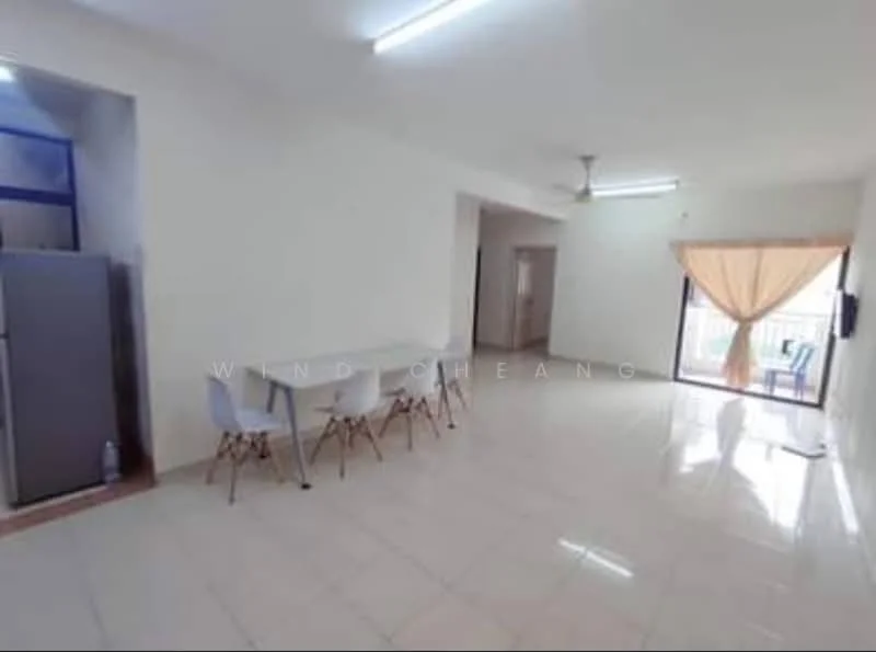 Living features: white painted walls, glossy tile flooring, 5-blade ceiling fan, large sliding glass door, sheer curtains, dining table with 4 chairs, refrigerator, open layout, natural light from window, neutral color scheme; style: modern.