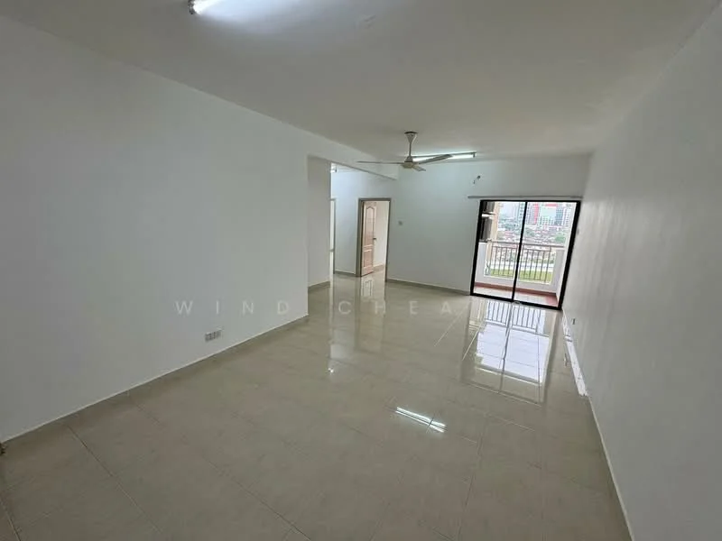 Living features: white painted walls, glossy ceramic tile flooring, 5-blade ceiling fan, sliding glass door, floor-to-ceiling windows, natural light, balcony access, neutral color scheme; style: modern; view: city. Room features: white painted walls, glossy ceramic tile flooring, natural light.