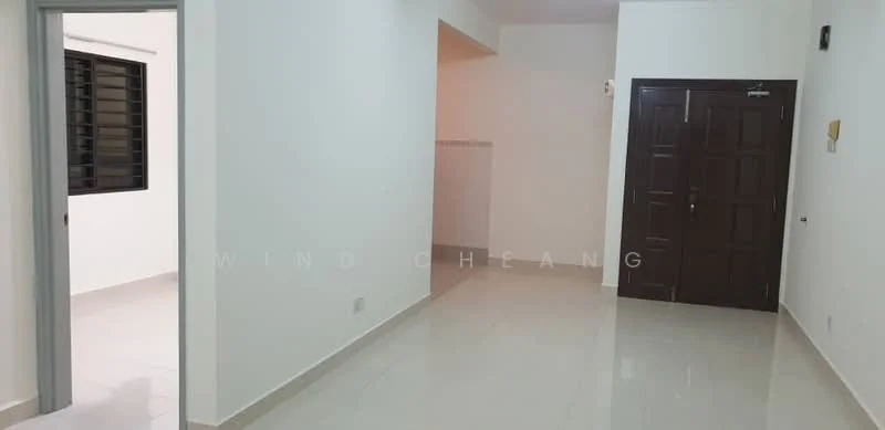 Room features: white painted walls, glossy tile flooring, single-pane window, wooden door, light switch, door frame, corner wall, neutral color scheme; style: modern.