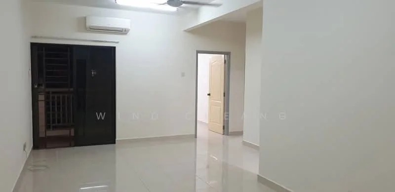 Room features: white painted walls, glossy ceramic tile flooring, ceiling fan, wall-mounted split AC, door leading to balcony, door leading to another room, neutral color scheme, large windows, open layout; style: modern.