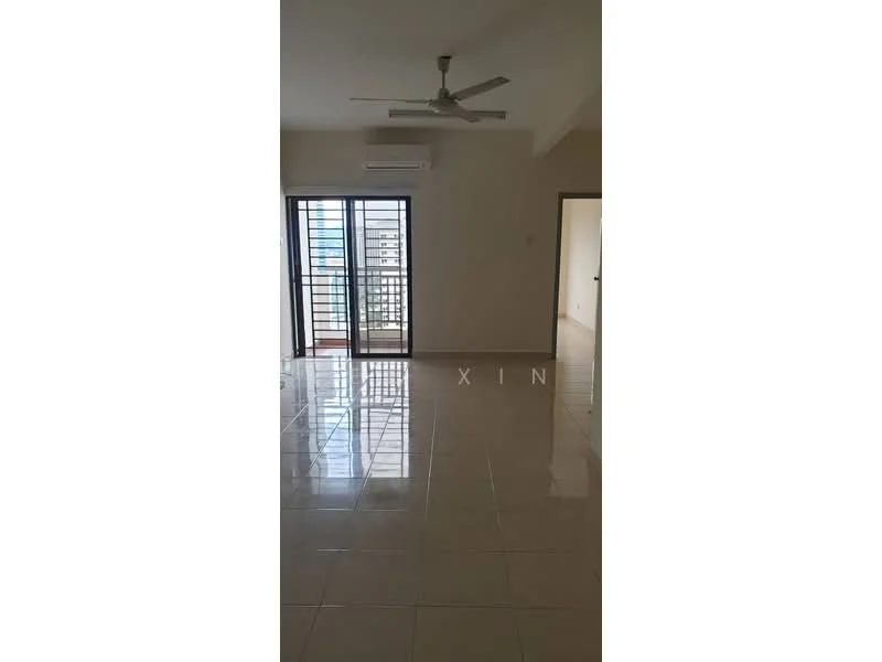 Living features: white painted walls, glossy ceramic tile flooring, 5-blade ceiling fan, wall-mounted split AC, floor-to-ceiling sliding glass door, black metal railing, natural light from windows, open layout; style: modern; view: city.