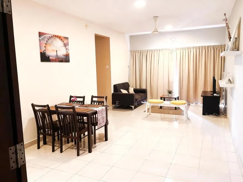 Living features: white painted walls, glossy tile flooring, 5-blade ceiling fan, sofa in dark fabric, coffee table with white legs, TV console, wall-mounted TV, decorative wall art, curtains in light fabric, area rug, dining table with 4 wooden chairs; style: modern.
