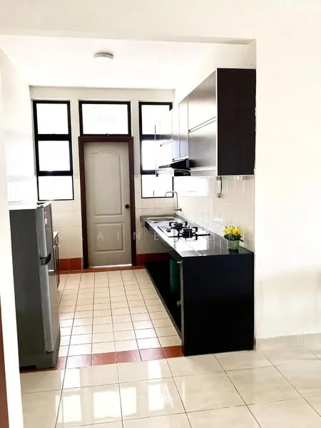 Kitchen features: black granite countertop, white tiled backsplash, stainless-steel sink, chrome pull-down faucet, 4-burner gas hob, built-in kitchen cabinets in dark wood, refrigerator, wall-mounted range hood, floor tiles in cream, window with multiple panes, door leading to hallway; style: modern.