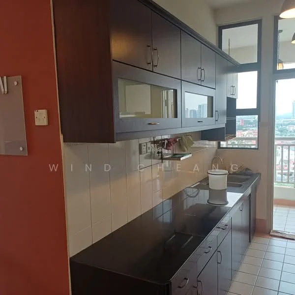 Kitchen features: dark granite countertop, brown wooden cabinetry, glass-front upper cabinets, white tiled backsplash, stainless-steel sink, single-bowl sink, window with city view, recessed ceiling lights, tile flooring; style: modern; view: city.