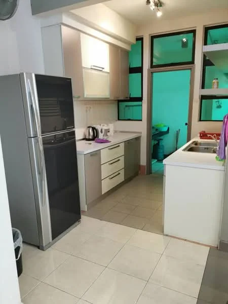 Kitchen features: stainless-steel fridge, built-in oven, ceramic tile flooring, white cabinetry, grey countertop, single-bowl stainless-steel sink, chrome pull-down faucet, kettle, toaster, wall-mounted shelves, window with green view, light fixtures, open layout; style: modern.