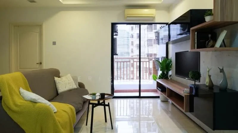 Living features: 3-seater fabric sofa in grey, yellow throw blanket, coffee table, wall-mounted TV, TV console, built-in shelving unit, floor-to-ceiling sliding glass door, marble tile flooring, recessed downlights, air conditioning unit, decorative plants; style: modern; view: city.