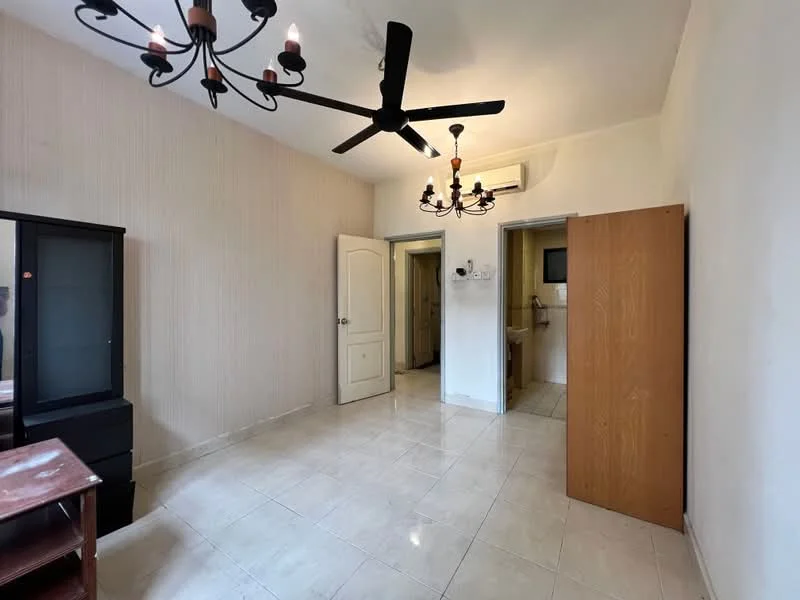 Room features: cream painted walls, tile flooring, 5-blade ceiling fan, chandelier, door leading to bathroom, built-in wardrobe, glass-front cabinet, window with no visible treatment.