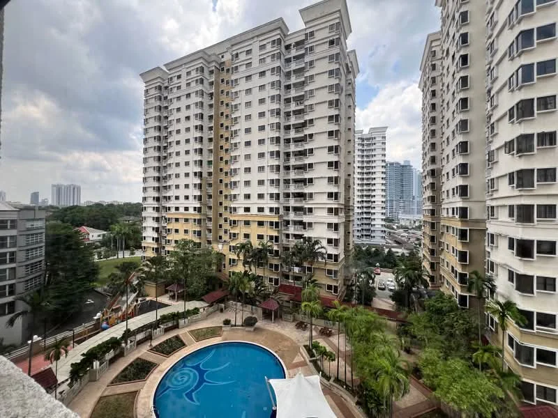 Exterior type: high-rise condominium; features: swimming pool, pool deck with loungers, landscaped garden, manicured lawn, surrounded by palm trees, multiple high-rise buildings, urban skyline in background; style: modern.