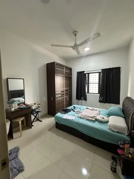 Bedroom features: queen-size bed with blue bedding, upholstered headboard, 2 bedside pillows, built-in wardrobe with sliding doors, floor-to-ceiling window with black curtains, ceiling fan, white painted walls, glossy tile flooring, dressing table with mirror, small stool, clothes and personal items on the floor; style: modern.