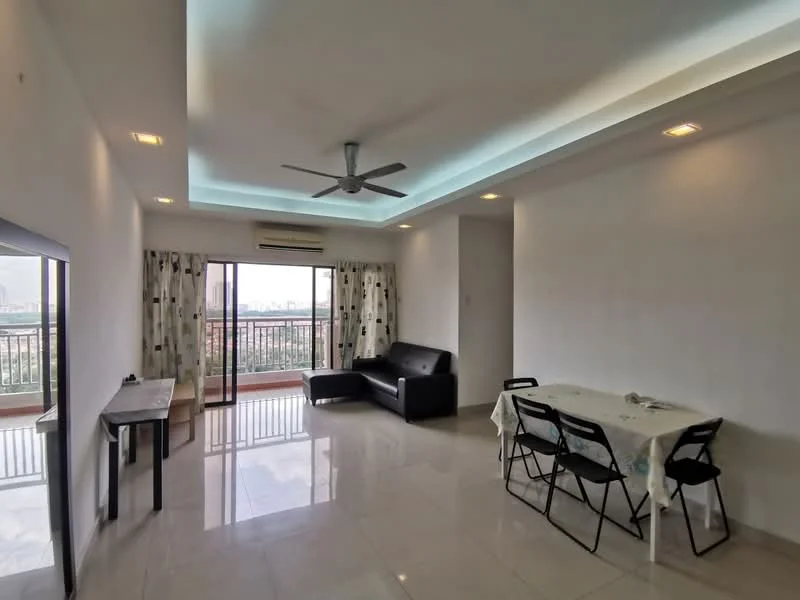 Living features: 5-blade ceiling fan with integrated LED light, black leather sofa, glass coffee table, white walls, tile flooring, floor-to-ceiling windows, sheer curtains, dining table with chairs, recessed lighting, air conditioning unit; style: modern; view: city.