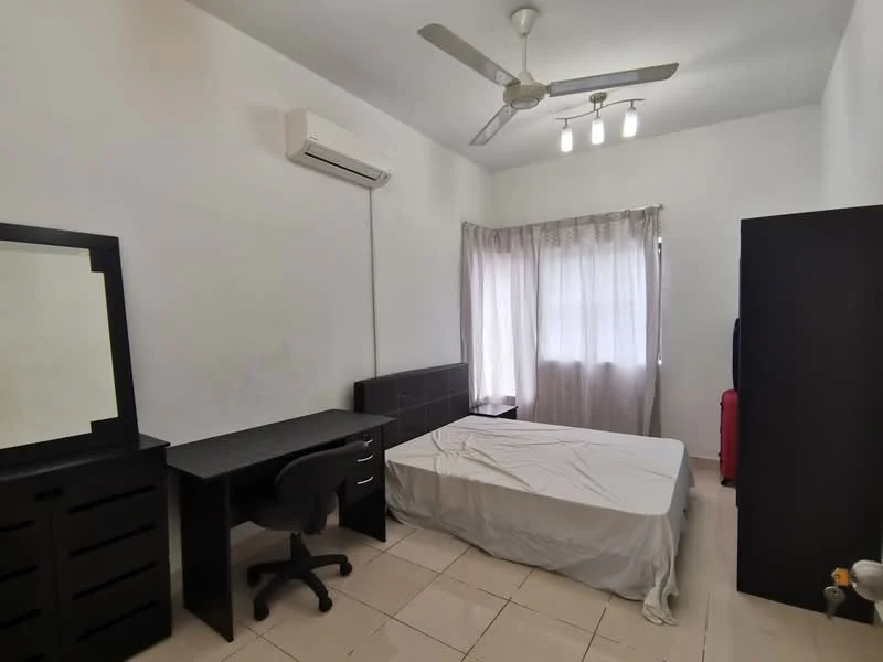 Bedroom features: queen-size bed with white bedding, black wooden bedside table, black wooden dresser with mirror, black wardrobe, desk with chair, ceiling fan, recessed downlights, floor-to-ceiling window with sheer curtains, light-colored tiled flooring, air conditioning unit on wall; style: modern.
