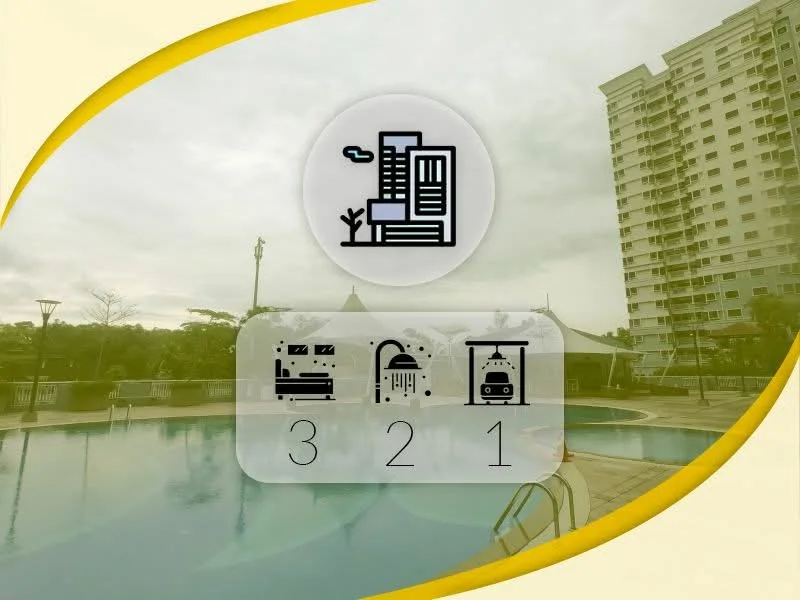 Exterior type: high-rise condominium; features: infinity pool, pool deck with loungers, landscaped garden, palm trees, children's playground, clubhouse, surrounded by greenery, modern architecture, outdoor lighting, water feature, recessed balconies; style: modern.