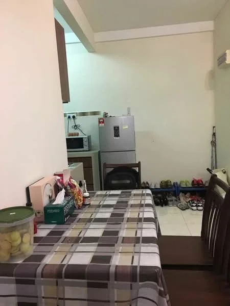 Dining features: plaid tablecloth, wooden dining table, 4 wooden dining chairs, refrigerator, microwave, kitchen cabinets, tile flooring, wall-mounted air conditioning unit, shoes storage area.