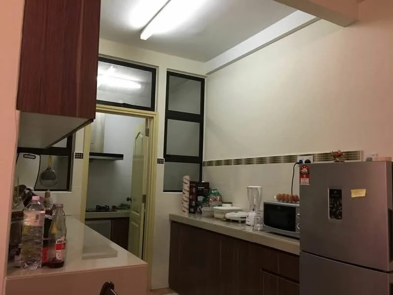 Kitchen features: laminate countertop, brown cabinetry, stainless-steel fridge, built-in microwave, blender, kettle, water bottles, wall-mounted cabinets, tile backsplash, window with black frames, door leading to utility area; style: modern.