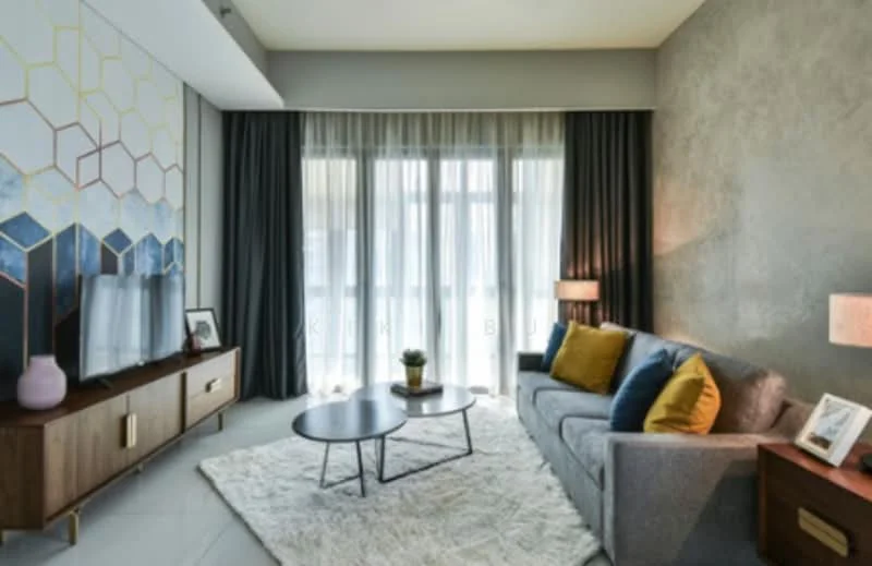 Living features: grey fabric sofa, blue and yellow decorative cushions, round coffee table, white area rug, wooden TV console, wall-mounted TV, geometric wall art, floor-to-ceiling windows with sheer curtains, dark grey curtains, indirect wall lighting, potted plant on coffee table; style: modern.