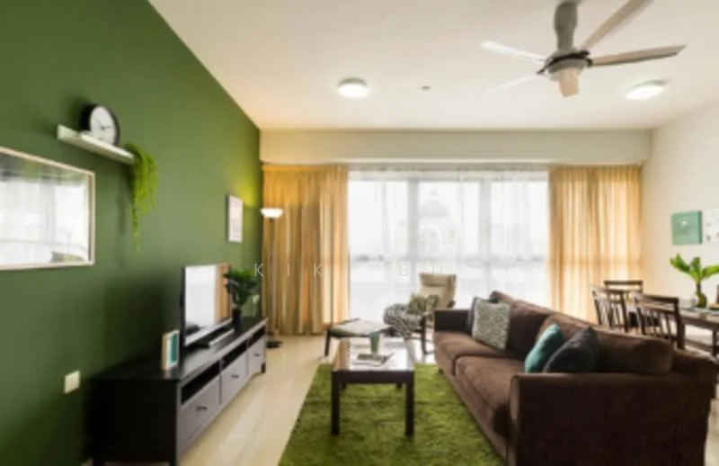 Living features: green accent wall, cream painted walls, sofa in brown fabric, coffee table, TV console in black, wall-mounted TV, area rug in green, floor-to-ceiling windows, sheer curtains, ceiling fan, recessed downlights, dining table with chairs; style: modern; view: city.