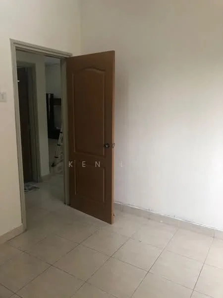 Room features: light-colored painted walls, white tiled flooring, wooden door, door frame, neutral color scheme, no visible furniture or decor; style: minimalist.