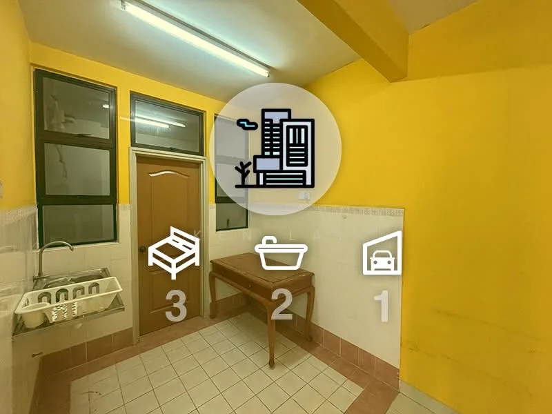 Laundry features: yellow painted walls, white tiled flooring, single-bowl stainless-steel sink, wooden table, 2 windows, door, fluorescent lighting.