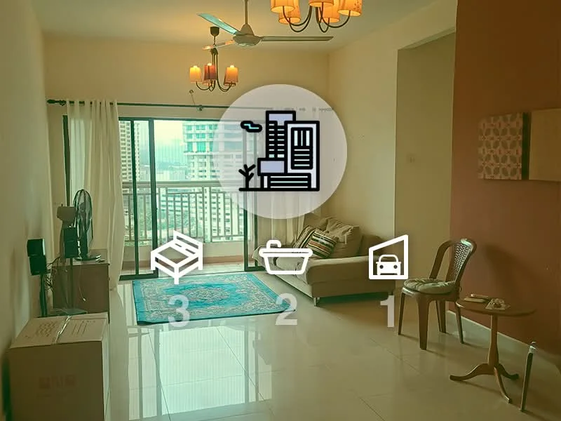 Living features: 3-seater fabric sofa in beige, wooden coffee table, area rug with geometric pattern, wall-mounted TV, floor-to-ceiling windows, sliding glass door, curtains, ceiling fan with light, chandelier, decorative wall art, light-colored walls, glossy tile flooring; style: modern; view: city.