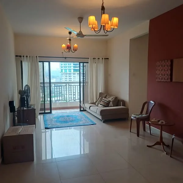 Living features: cream painted walls, red accent wall, polished tile flooring, 5-blade ceiling fan with light, chandelier, floor-to-ceiling sliding glass door, sheer curtains, sofa in beige, area rug with geometric pattern, TV console, decorative wall art, coffee table, dining chair, box in corner; style: modern; view: city.