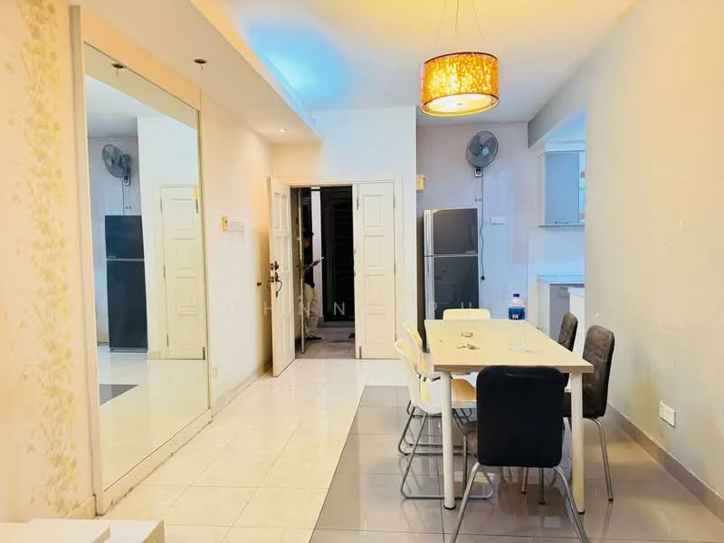 Dining features: white dining table, 4 upholstered dining chairs, pendant light fixture, mirror on wall, white tiled flooring, light grey painted walls, air conditioning unit on wall, double doors leading to hallway; style: modern. Kitchen features: white cabinetry, stainless-steel appliances, countertop with sink, open layout to dining area; style: modern. Room features: light grey painted walls, white tiled flooring, door leading to hallway.