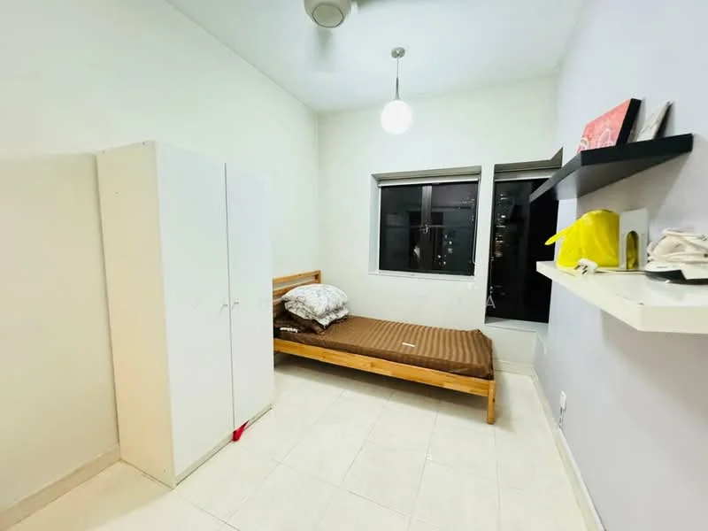 Bedroom features: white painted walls, tile flooring, single bed with mattress, wooden bed frame, built-in wardrobe with white doors, shelf mounted on wall, large window with black frame, ceiling light fixture; style: modern.