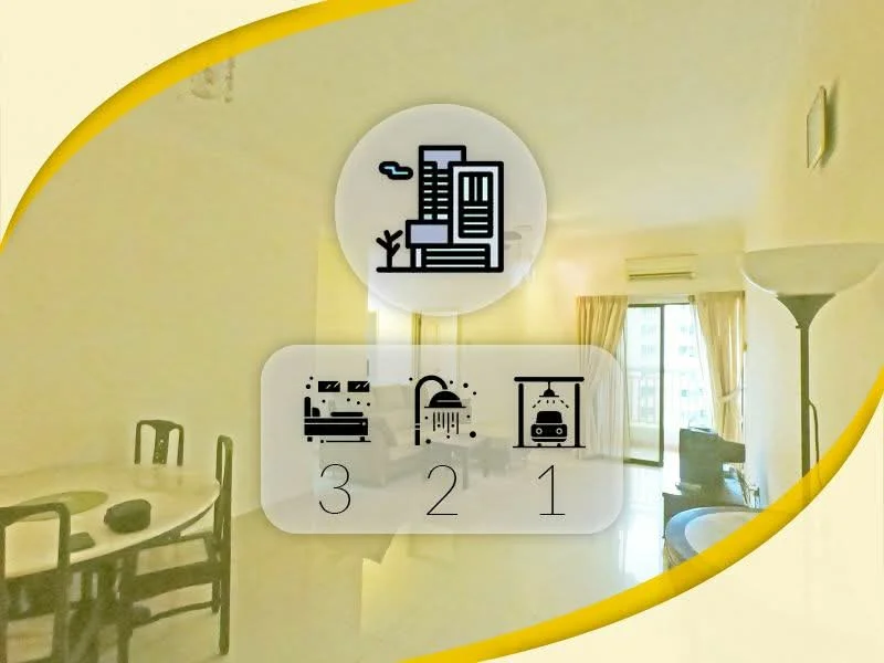Living features: cream painted walls, white tiled flooring, floor-to-ceiling windows, curtains, sofa, coffee table, TV console, wall-mounted TV, lamp, dining table with chairs; style: modern; view: city.