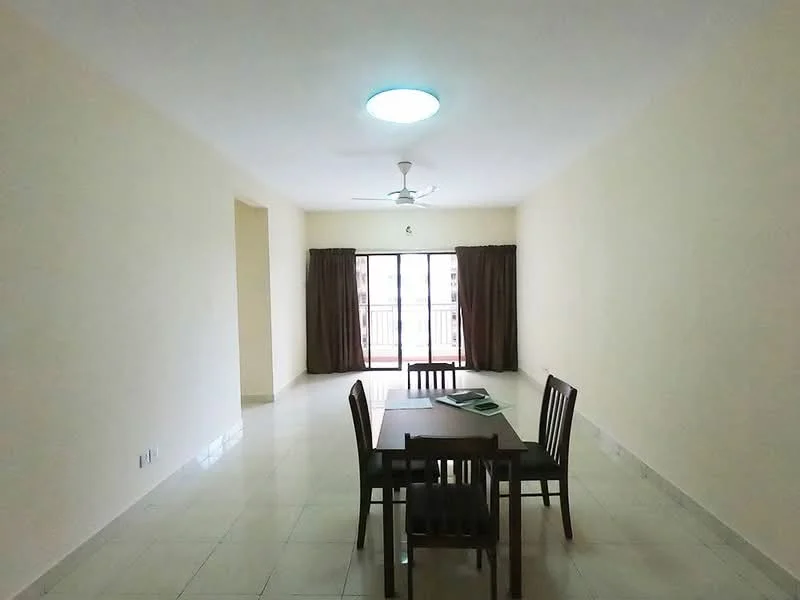Living features: white painted walls, glossy tile flooring, 5-blade ceiling fan with light, sliding glass door, floor-to-ceiling windows, brown curtains, dining table with four chairs, natural light from balcony; style: modern.