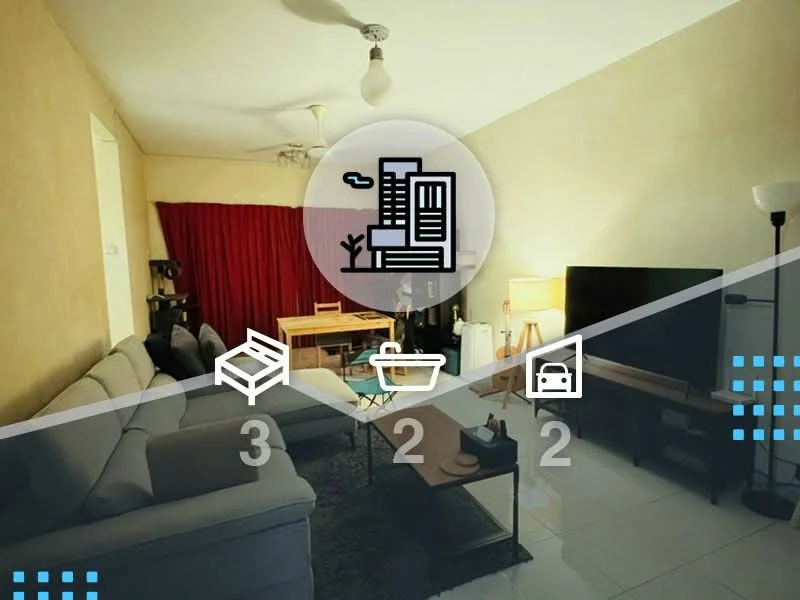 Living features: 3-seater fabric sofa in light grey, coffee table, TV console, wall-mounted TV, floor lamp, ceiling fan, decorative curtains in red, light-colored walls, tile flooring, area rug, side table with lamp; style: modern.
