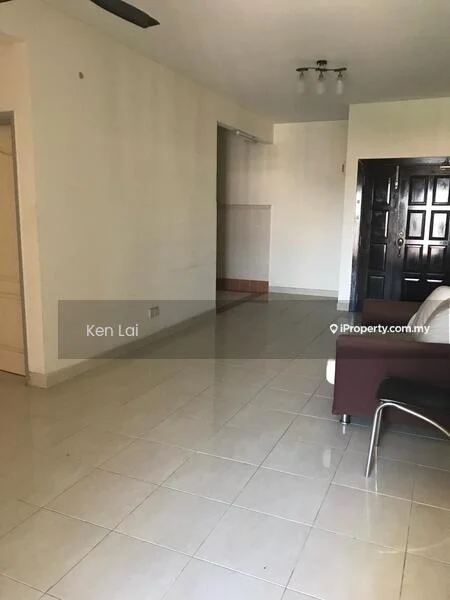 Living features: white painted walls, ceramic tile flooring, recessed downlights, 2-seater sofa, wooden door, open layout, neutral color scheme, large window, no visible decor; style: modern.