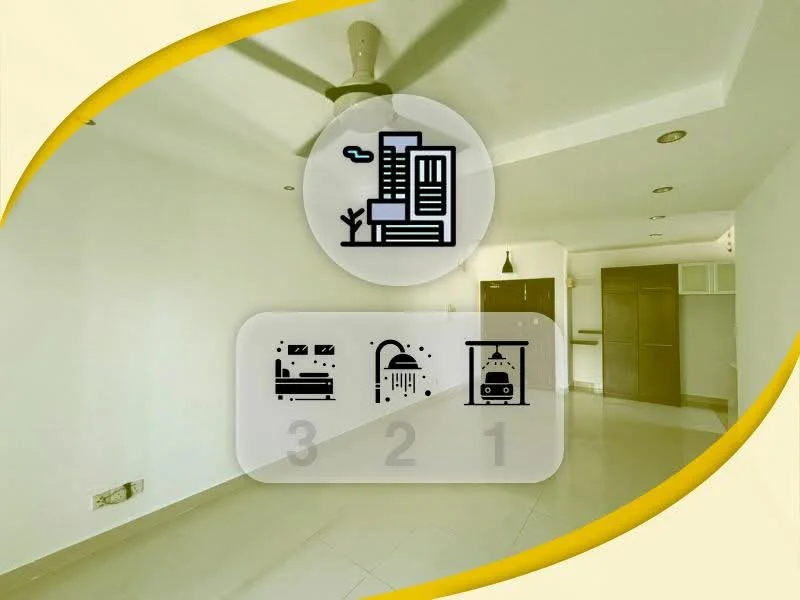 Room features: white painted walls, polished tile flooring, ceiling fan, recessed downlights, built-in cabinets, open layout, large windows, neutral color scheme; style: modern; view: city.