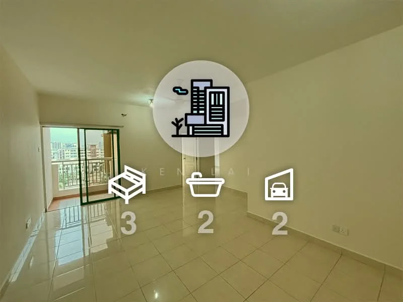 Living features: glossy ceramic tile flooring, white painted walls, sliding glass door leading to balcony, floor-to-ceiling windows, recessed downlights, 1 ceiling fan, neutral color scheme, open layout, balcony view of city skyline; style: modern; view: city.