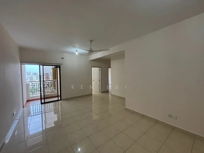 Living features: white painted walls, glossy ceramic tile flooring, 5-blade ceiling fan, sliding glass door, balcony access, natural light from windows, neutral color scheme, open layout; style: modern; view: city.
