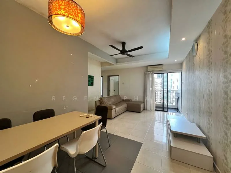 Living features: 3-seater fabric sofa in beige, coffee table, TV console, wall-mounted TV, area rug, 5-blade ceiling fan with light, recessed downlights, floor-to-ceiling windows, sliding glass door, balcony access, cream painted walls, white tiled flooring; style: modern; view: city. Dining features: 6-seater dining table, white plastic dining chairs, pendant lamp, decorative wall art, neutral wall color; style: modern.