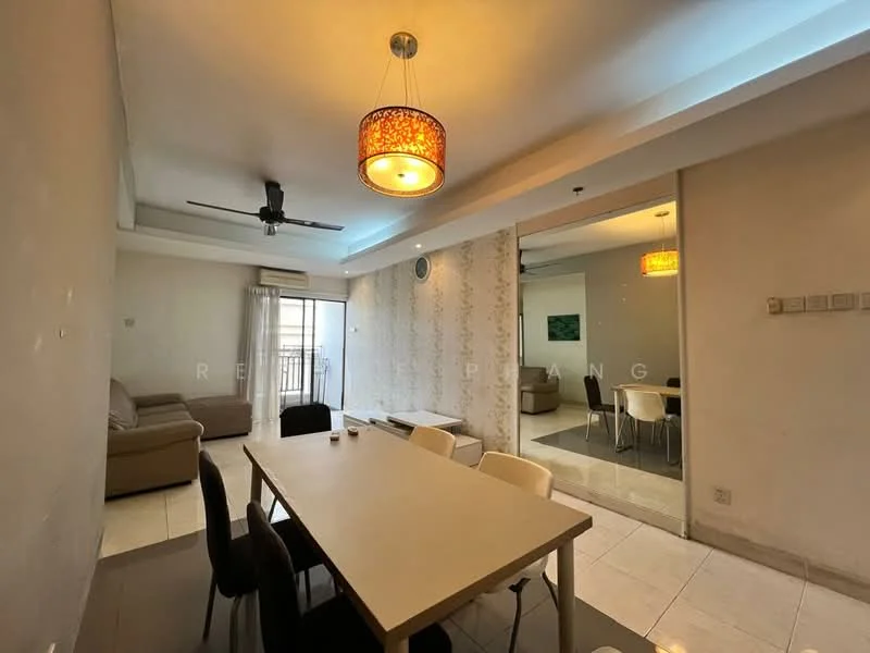 Dining features: rectangular dining table, 6 dining chairs, pendant light fixture, white walls, cream tiled flooring, ceiling fan, mirror on wall, sofa in background, air conditioning unit; style: modern.