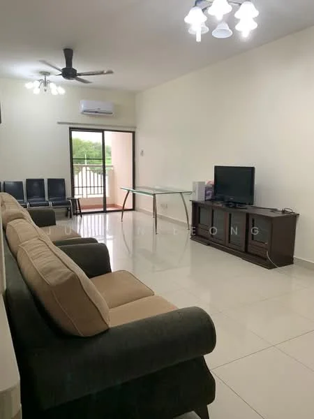 Living features: 3-seater fabric sofa in beige, 2-seater fabric sofa in grey, glass coffee table, TV console in dark wood, wall-mounted TV, floor-to-ceiling windows, sliding glass door, white painted walls, ceramic tile flooring, 5-blade ceiling fan, recessed downlights, air conditioning unit; style: modern; view: garden.