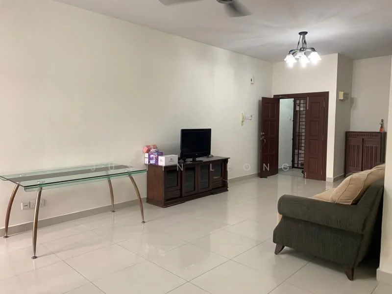 Living features: white painted walls, glossy tile flooring, 5-blade ceiling fan with light, sofa in grey fabric, glass coffee table, wooden TV console, wall-mounted TV, decorative wall panel, doorway leading to other rooms; style: modern.