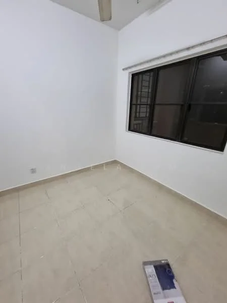Room features: white painted walls, tile flooring, large window, ceiling fan.