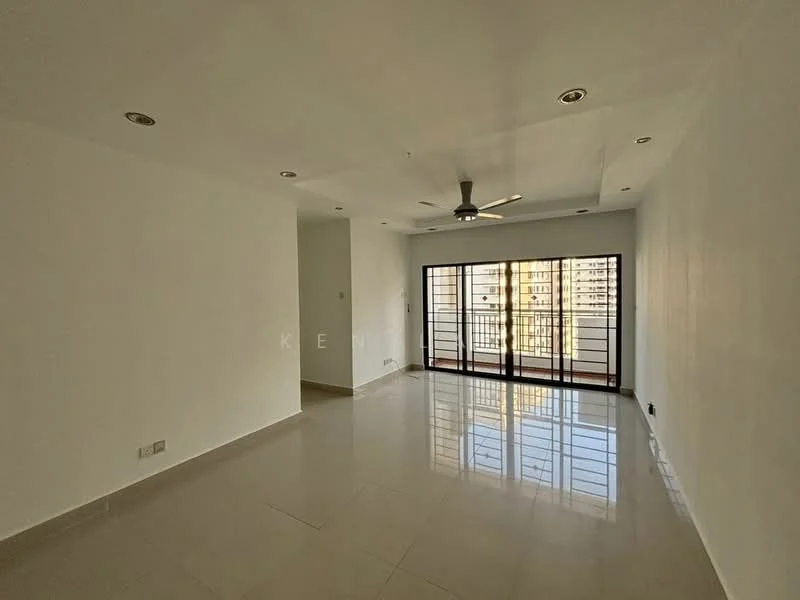 Living features: white painted walls, polished ceramic tile flooring, 5-blade ceiling fan with light, floor-to-ceiling windows, sliding glass door, balcony access, recessed downlights; style: modern; view: city.