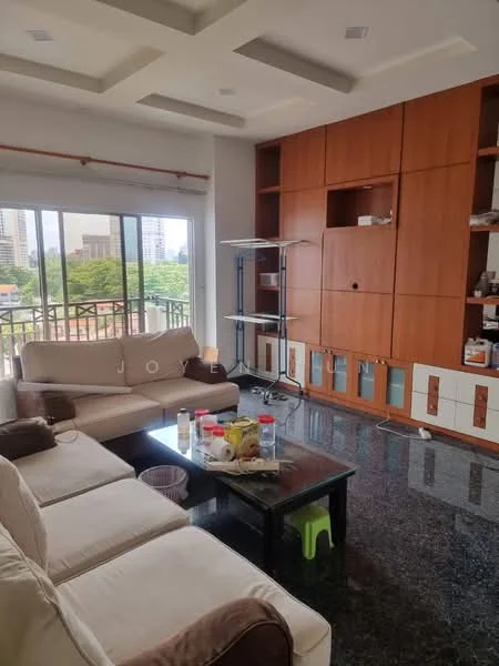 Living features: 3-seater fabric sofa in beige, 2-seater fabric sofa in beige, coffee table, built-in wooden cabinetry with storage, black granite flooring, recessed ceiling lights, floor-to-ceiling windows, curtains, TV console, decorative items on table; style: modern; view: city.