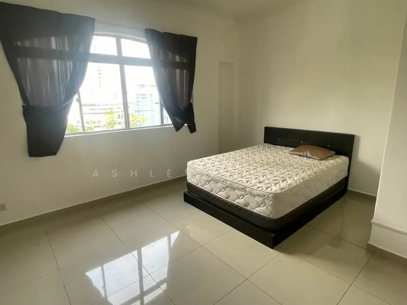 Bedroom features: queen-size bed, mattress on bed frame, floor-to-ceiling window, black curtains, white painted walls, glossy tile flooring, light from window, minimalist decor; style: modern; view: city.