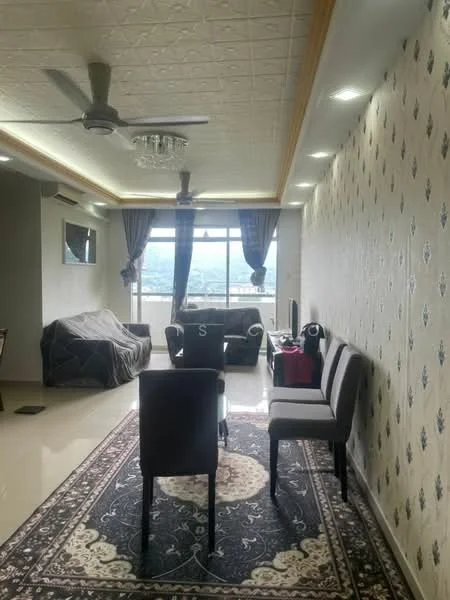 Living features: cream painted walls, decorative wallpaper with pattern, tray ceiling with recessed lighting, 5-blade ceiling fan with light, floor-to-ceiling windows, curtains in dark color, area rug with intricate pattern, dining table with chairs, sofa covered with throw, TV mounted on wall; style: modern; view: city.