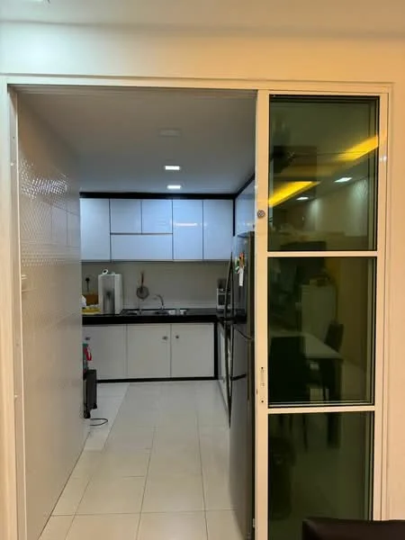 Kitchen features: white shaker cabinets, black countertop, stainless-steel fridge, built-in oven, ceramic tile flooring, recessed LED downlights, kitchen sink, wall-mounted kitchen utensils, open shelving, glass sliding door; style: modern.