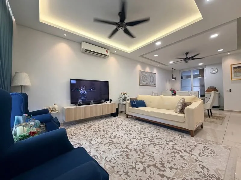 Living features: 3-seater fabric sofa in cream, 2 armchairs in navy blue, coffee table, TV console with wall-mounted TV, area rug with floral pattern, recessed downlights, 2 ceiling fans, wall-mounted air conditioning unit, decorative wall art, large window with sheer curtains; style: modern.