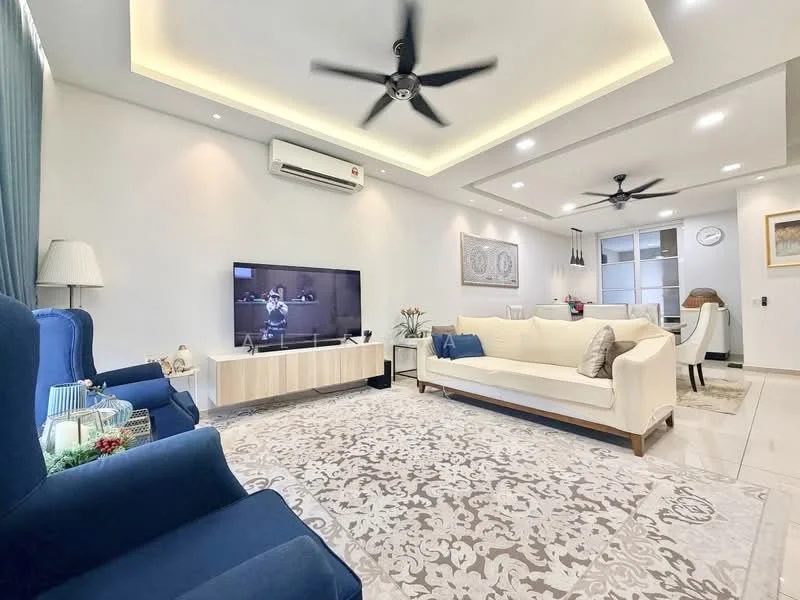 Living features: white painted walls, tray ceiling with recessed lighting, polished tile flooring, 5-blade ceiling fan with light, wall-mounted TV, light-colored fabric sofa, blue upholstered armchairs, wooden TV console, decorative area rug with floral pattern, large windows with sheer curtains, dining area visible in background, decorative wall art, air conditioning unit; style: modern.