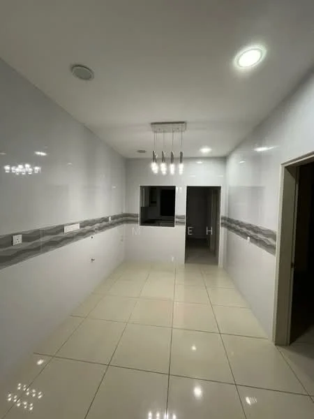 Room features: white glossy walls, grey horizontal accent strip, polished ceramic tile flooring, recessed ceiling lights, hanging pendant light fixture, open layout, doorway leading to another room, window opening to another space; style: modern.