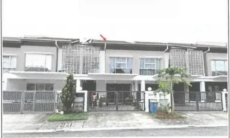 Exterior type: linked terrace house; features: two-storey building, grey painted facade, white window frames, metal grilles on windows, covered porch, manicured front garden, paved driveway, fenced perimeter, gated entry, flat roof; style: modern.