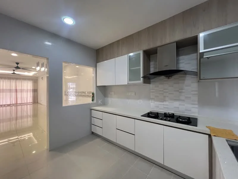 Kitchen features: white cabinetry with flat-panel doors, grey backsplash with tile cladding, stainless-steel range hood, built-in gas hob with two burners, white quartz countertop, single-bowl stainless-steel sink, recessed downlights, grey ceramic tile flooring, open layout to living area, wall-mounted cabinets, window with sheer curtains; style: modern. Living features: large windows with natural light, light-coloured flooring, open space layout, recessed lighting, ceiling fan, curtains, neutral wall colour; style: modern.